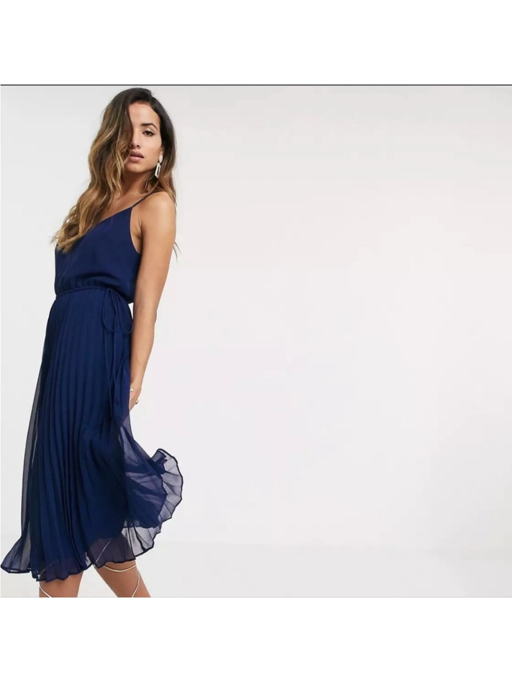 Asos Design Blue Pleated Midi Slip Dress with Tie-Waist, Size 4